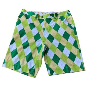 Loudmouth Golf Shorts Argyle Diamond Print Cotton Blend Green Yellow Men’s 38
